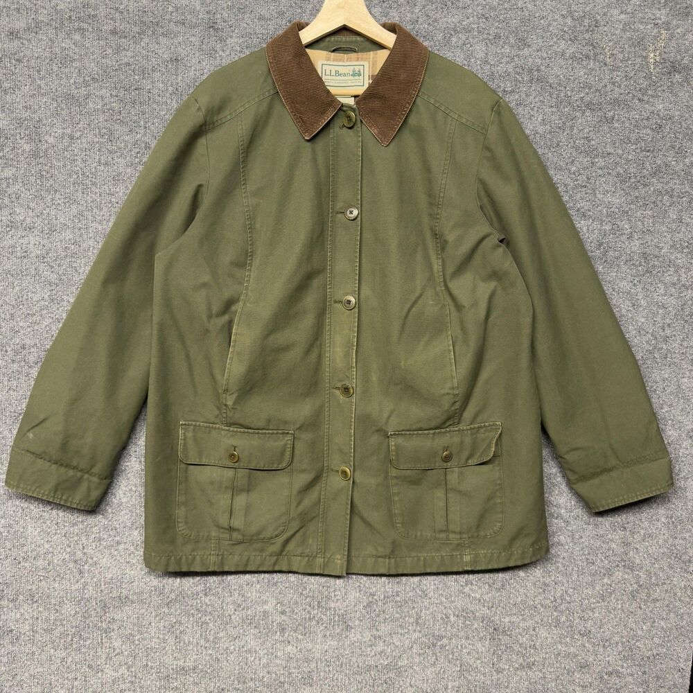 L.L. Bean Canvas Coat Mens XL Olive Green Corduroy Collar Lined Barn Workwear